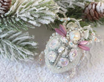 White Beetle Brooch  Winter beaded jewelry Flower Bug Crystal Insect Snow Holiday Icy Sparkle Bug Xmas Pin