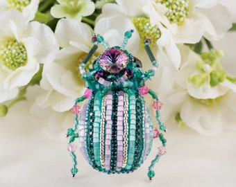 Bug brooch Pink mint Embroidered Beaded Beetle jewelry