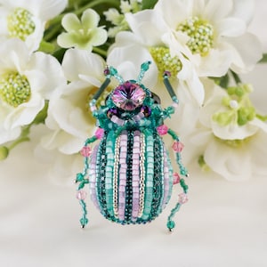 Bug brooch Pink mint Embroidered Beaded Beetle jewelry image 1