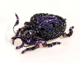 Purple Beaded bug brooch Embroidered Insect pin  Beetle jewelry Flower bug brooch Embroidered insect Beaded beetle