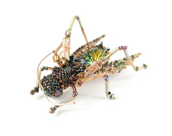 Grasshopper beaded brooch with crystal Insect jewelry pin Spring summer brooch