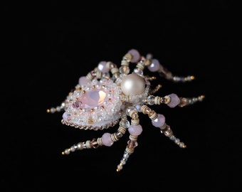 White Pink Spider brooch Halloween jewelry Embroidered brooch Halloween gift Spider jewelry pin Halloween brooch Beaded insect brooch