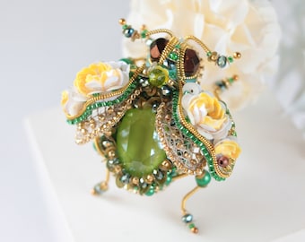 Small Embroidered flower lime bug brooch Insect pin Beaded bug jewelry Mom gift from daughter