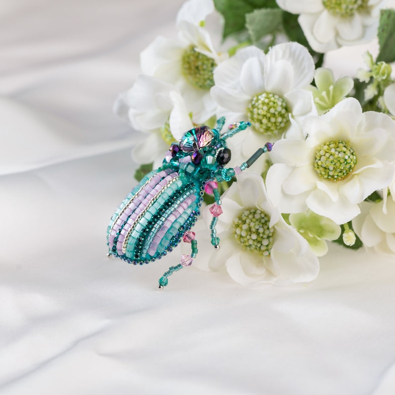 Bug brooch Pink mint Embroidered Beaded Beetle jewelry image 5