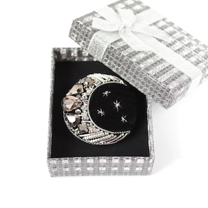 Cescent moon brooch with crystals Embroidered galaxy pin Christmas gift