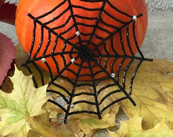 Spider web brooch with Crystals Halloween gift Black beaded pin Halloween jewelry