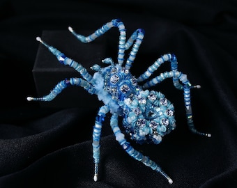 Beaded Spider Brooch Insect Jewelry Something Blue Wedding Pin Crystal Big Bug Brooch Embroidered Insect Statement accessory Fantasy Gift