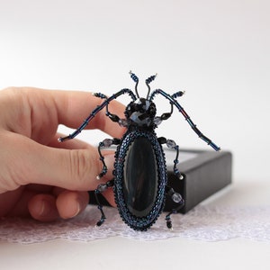 May include: A black and blue beaded beetle brooch with iridescent wings and a black oval stone in the center.