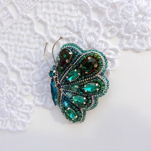 Insect jewelry butterfly brooch Emerald Green Hand embroidery insect brooch Woodlander jewelry embroidered silver  butterfly pin