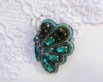 Insect jewelry butterfly brooch Emerald Green Hand embroidery insect brooch Woodlander jewelry embroidered silver  butterfly pin