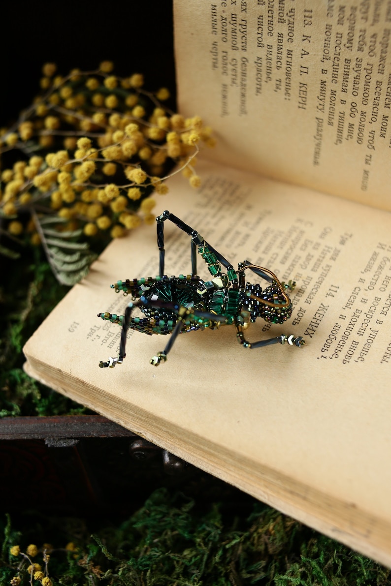 May include: A green and black beaded grasshopper brooch on an open book with yellow flowers in the background.