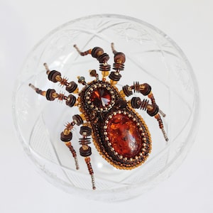 Embroidered Spider Brooch: Beaded Halloween Jewelry, Czech Crystal Insect Pin