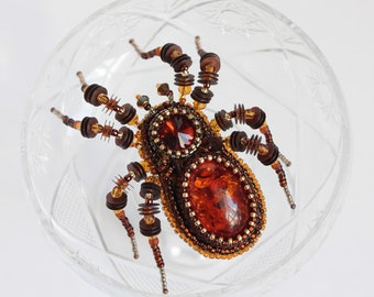 Embroidered Spider Brooch: Beaded Halloween Jewelry, Czech Crystal Insect Pin