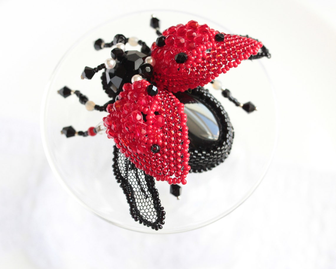 OOAK Lady bug brooch with agate Beaded embroidered Bug jewelry Etsy