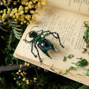May include: A green and blue beaded insect brooch with a large emerald green gemstone in the center. The brooch is sitting on an open book with yellow flowers and green moss.