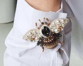 Perl bee embroidered brooch with crystals Insect jewelry Bumble bee pin