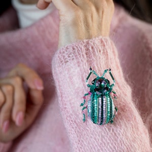 Bug brooch Pink mint Embroidered Beaded Beetle jewelry image 7