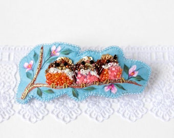 Embroidered  barrette for long hair with birds Bridal hair clip with a blooming twig Gift for blonde