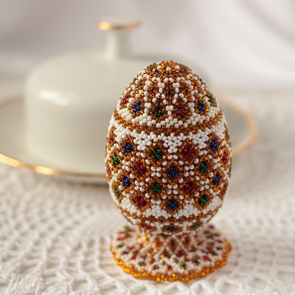 Beaded pysanka Unique Easter egg Cute gift for Easter Faberge Inspired Handmade spring holiday decor Beads Easter eggs Unique Easter décor