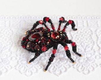 Black Garnet Spider brooch Halloween gift Ruby Red Embroidered brooch Spider jewelry pin Halloween brooch Beaded insect brooch