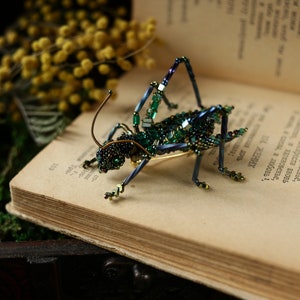 May include: A green and blue beaded grasshopper brooch with iridescent accents. The brooch is sitting on an open book with yellow flowers in the background.
