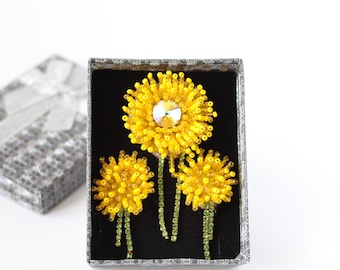 OOAK Yellow Dandelion beaded jewelry set with crystal Spring flower brooch and earrings