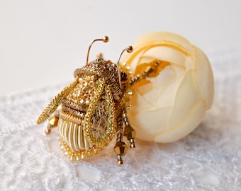 Gold bee pin embroidered brooch Insect jewelry