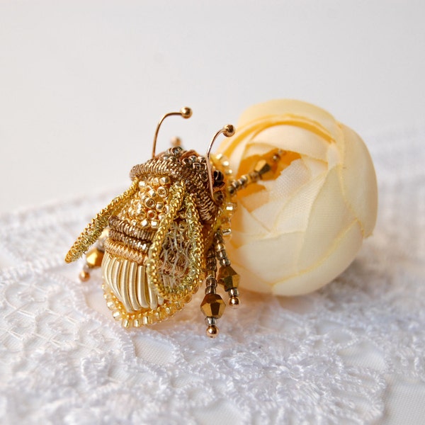 Gold Bee Brooch Tiny Beaded Jewelry Handcrafted Embroidered insect pin Mini beaded art