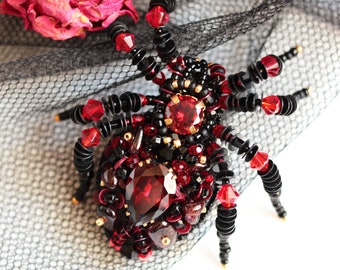 Black Garnet Spider brooch Halloween gift Ruby Red Embroidered brooch Spider jewelry pin Halloween brooch Beaded insect brooch