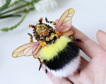 Bumblebee brooch Fur embroidered insect jewelry