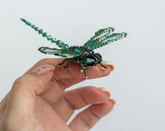 Dragonfly brooch Crystal Emerald Green Insect jewelry embroidered pin Insect brooch