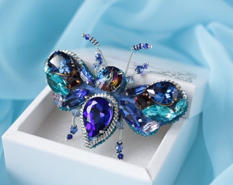Crystals butterfly brooch  Mom gift from daughter Insect jewelry Embroidered silver bug pin crystals
