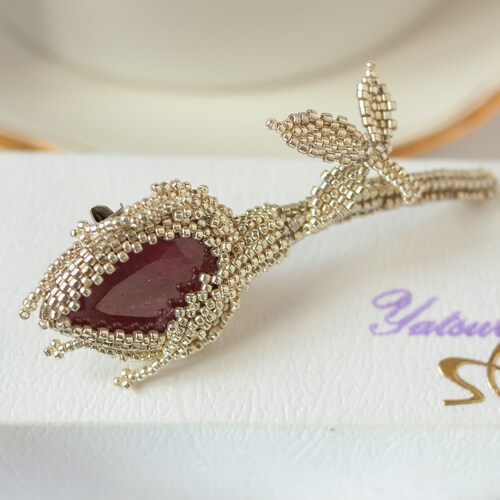 Silver Ruby Rose Beaded brooch Wedding brooch Flower jewelry Gift for mom Bridal shops pin