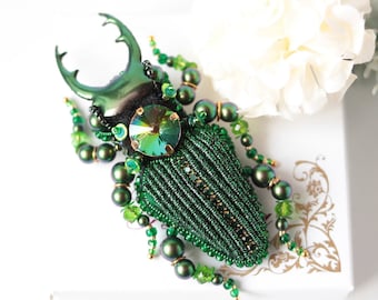 Green beetle Stag bug pin Insect jewelry Beaded brooch Valentines Day Gift