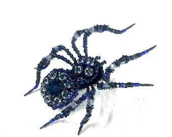 Blue Crystal Spider brooch Halloween gift Embroidered pin Bug jewelry  Beaded insect