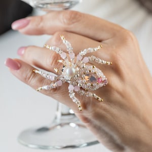 Cocktail Spider ring White pink Сrystal Spider jewelry Beaded insect