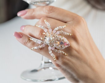 Cocktail Spider ring White pink Сrystal Spider jewelry Beaded insect