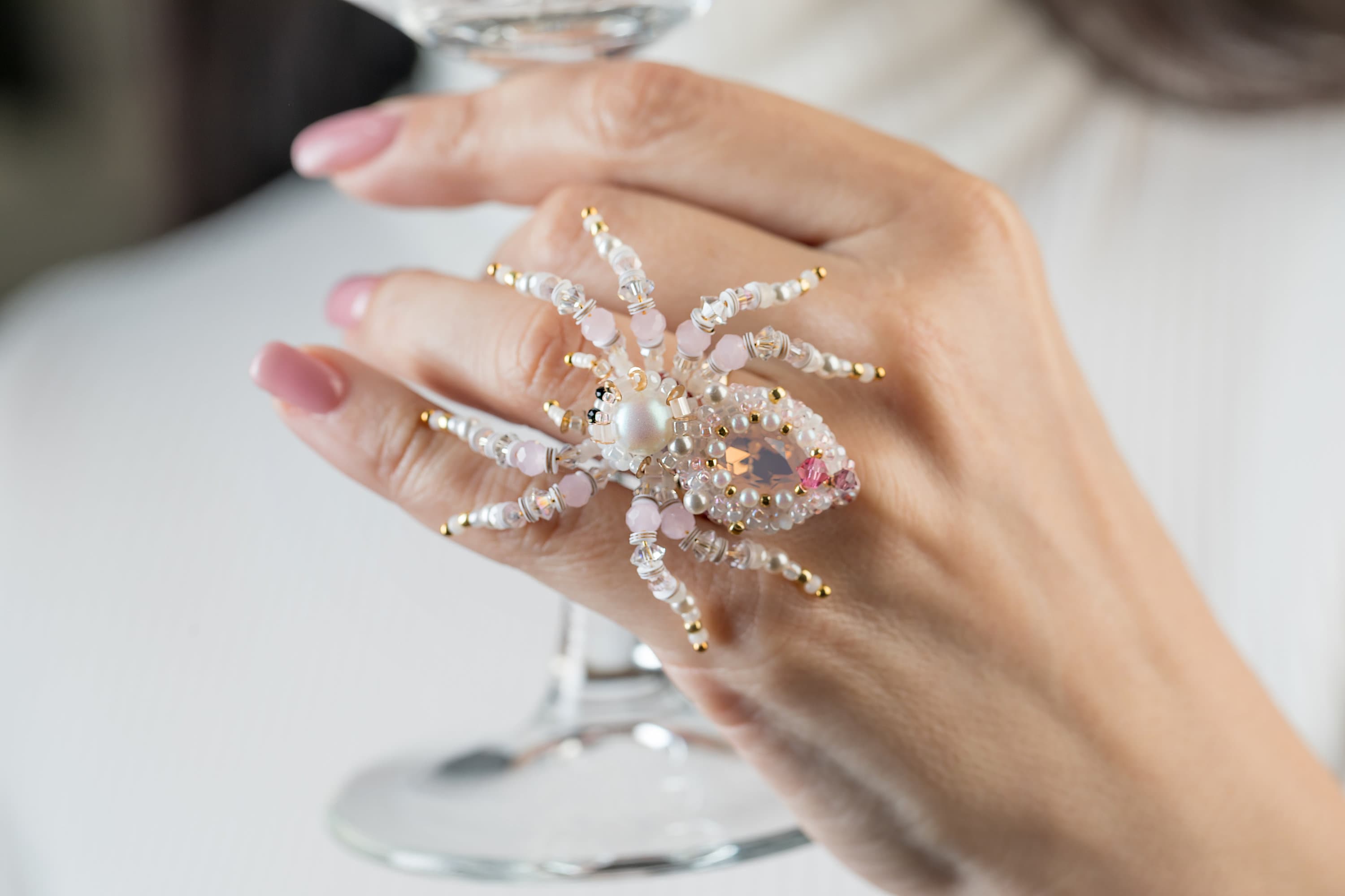 Pink Spider Chain Cocktail Spider Ring White Pink Сrystal Spider Jewelry Beaded Pastel ...