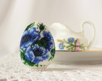 Beaded Easter egg with Flower White Blue Сrochet Bead Handmade Easter décor