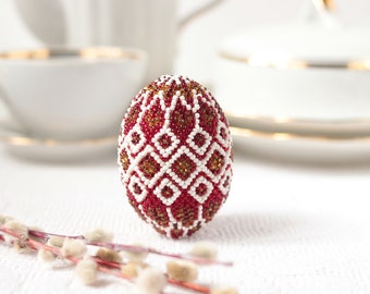 Easter egg  White Red Beaded Ukrainian folk ornament Easter décor Handmade red spring holiday decor