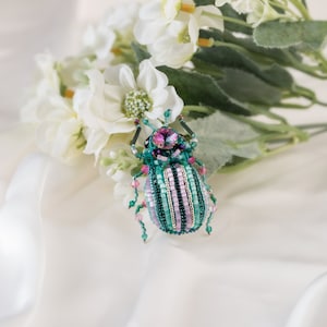 Bug brooch Pink mint Embroidered Beaded Beetle jewelry image 3