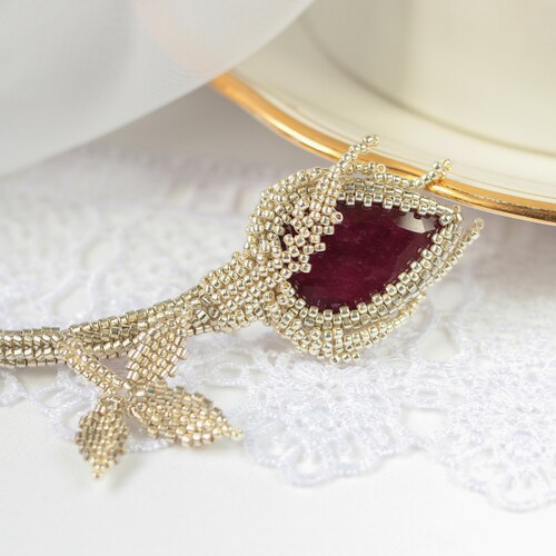 Silver Ruby Rose Beaded brooch Wedding brooch Flower jewelry Gift for mom Bridal shops pin