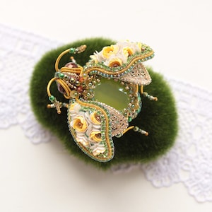 Embroidered bug brooch Insect pin with flower and crystal Beaded bug jewelry Mom gift from daughter