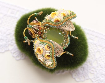 Embroidered bug brooch Insect pin with flower and crystal Beaded bug jewelry Mom gift from daughter