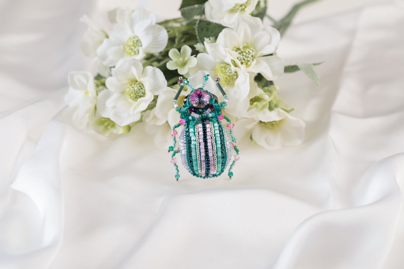 Bug brooch Pink mint Embroidered Beaded Beetle jewelry image 2