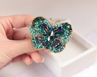 Embroidery butterfly brooch Crystal Insect jewelry Beaded Butterfly pin Mom Christmas gift