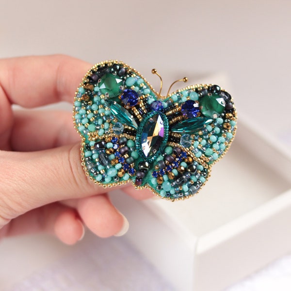 Embroidery butterfly brooch Crystal Insect jewelry Beaded Butterfly pin Mom Christmas gift