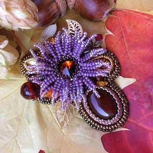 Embroidered brooch with agate Flower jewelry Valentines Day Gift  Autumn jewelry Shawl pin