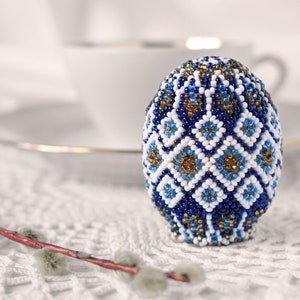 White Blue Easter egg Beaded folk ornament Easter décor Handmade blue spring holiday decor Unique Easter egg Handmade Easter décor
