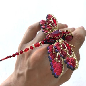Red  Dragonfly Brooch Embroidered summer jewelry Colorful dragonfly pin Insect jewelry